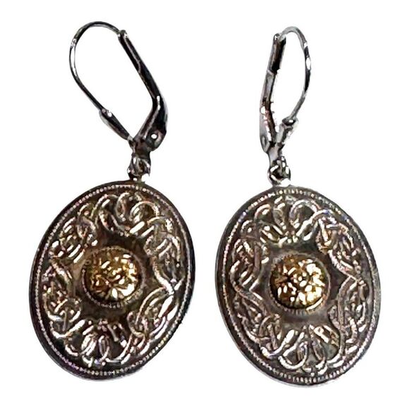 Celtic Warrior Sterling with 18k Bead Earrings Ardagh Chalice Shield Luer Back - Picture 1 of 6